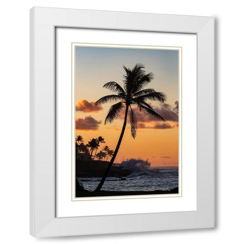 Coconut palm trees silhouetted against vivid sunrise clouds at Poipu Beach in Kauai-Hawaii-USA White Modern Wood Framed Art Print with Double Matting by Haney, Chuck