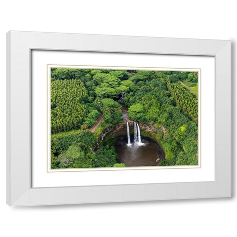 Aerial view of Wailua Falls in Kauai-Hawaii-USA White Modern Wood Framed Art Print with Double Matting by Haney, Chuck
