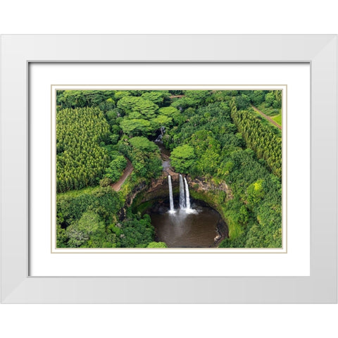 Aerial view of Wailua Falls in Kauai-Hawaii-USA White Modern Wood Framed Art Print with Double Matting by Haney, Chuck