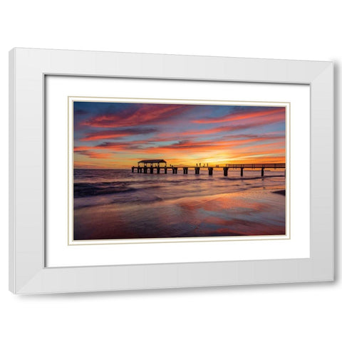 Vivid sunrise clouds silhouette Waimea Pier with Niihau Island in distance in Kauai-Hawaii-USA White Modern Wood Framed Art Print with Double Matting by Haney, Chuck