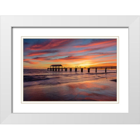 Vivid sunrise clouds silhouette Waimea Pier with Niihau Island in distance in Kauai-Hawaii-USA White Modern Wood Framed Art Print with Double Matting by Haney, Chuck