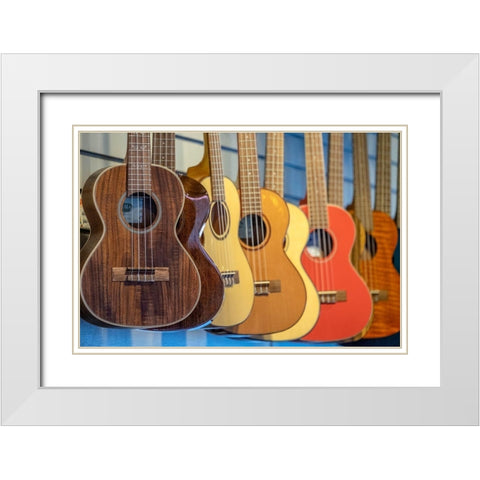 Ukulele in music store-Kauai-Hawaii-USA White Modern Wood Framed Art Print with Double Matting by Engelbrecht, Jim