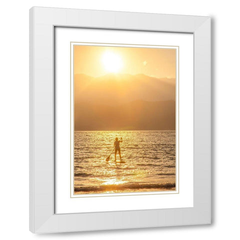 Hawaii-Kauai-Hanalei bay with paddle boarder at sunset White Modern Wood Framed Art Print with Double Matting by Gulin, Sylvia