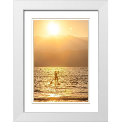 Hawaii-Kauai-Hanalei bay with paddle boarder at sunset White Modern Wood Framed Art Print with Double Matting by Gulin, Sylvia