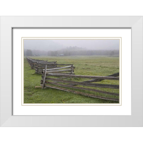 Idaho, Sawtooth Mts Fence in misty farm country White Modern Wood Framed Art Print with Double Matting by Flaherty, Dennis