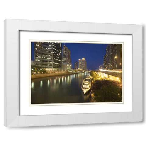 Illinois, Chicago Night along the Chicago River White Modern Wood Framed Art Print with Double Matting by Flaherty, Dennis