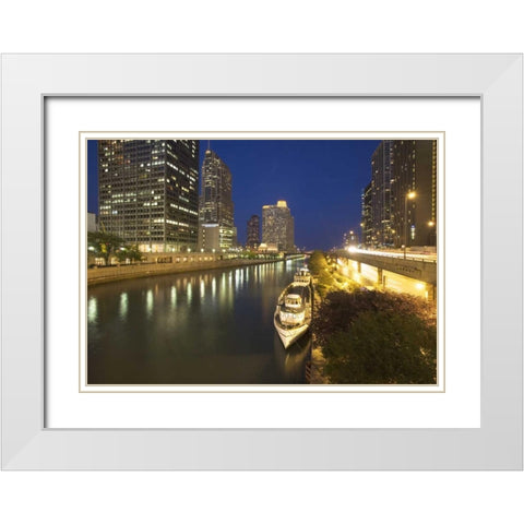 Illinois, Chicago Night along the Chicago River White Modern Wood Framed Art Print with Double Matting by Flaherty, Dennis