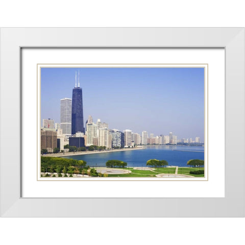Illinois, Chicago Downtown and Lake Michigan White Modern Wood Framed Art Print with Double Matting by Flaherty, Dennis