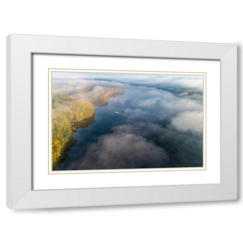 Boat on lake in fog in fall at Stephen A Forbes State Park-Marion County-Illinois White Modern Wood Framed Art Print with Double Matting by Day, Richard and Susan