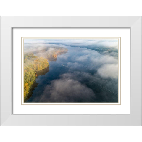 Boat on lake in fog in fall at Stephen A Forbes State Park-Marion County-Illinois White Modern Wood Framed Art Print with Double Matting by Day, Richard and Susan