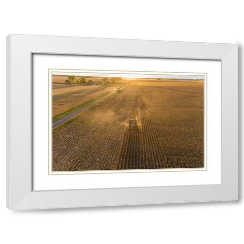 Aerial view of combine harvesting corn field at sunset-Marion County-Illinois White Modern Wood Framed Art Print with Double Matting by Day, Richard and Susan