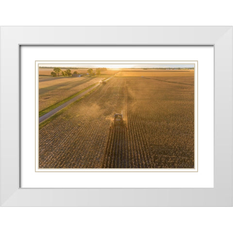 Aerial view of combine harvesting corn field at sunset-Marion County-Illinois White Modern Wood Framed Art Print with Double Matting by Day, Richard and Susan