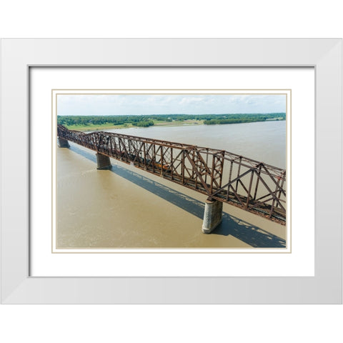 Freight train on Union Pacific railroad crossing the Mississippi river on the Thebes bridge Thebes- White Modern Wood Framed Art Print with Double Matting by Day, Richard and Susan