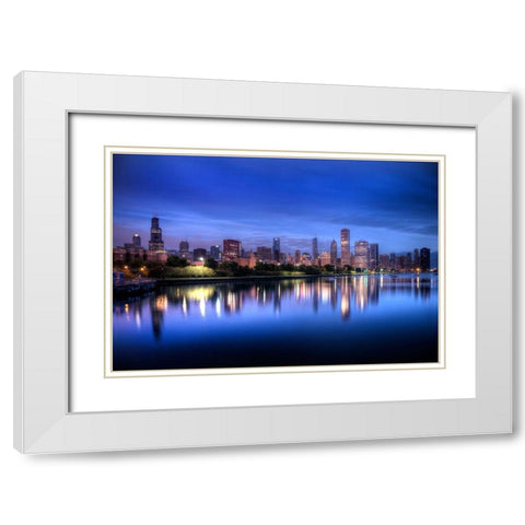 Chicago skyline reflects in lake Michigan during a blue sunrise White Modern Wood Framed Art Print with Double Matting by SMO