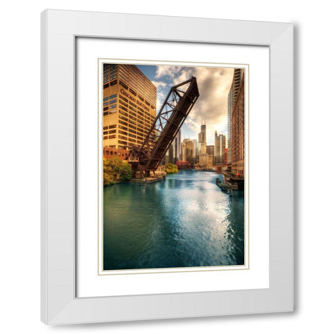 A drawbridge spans the Chicago river in Illinois White Modern Wood Framed Art Print with Double Matting by SMO