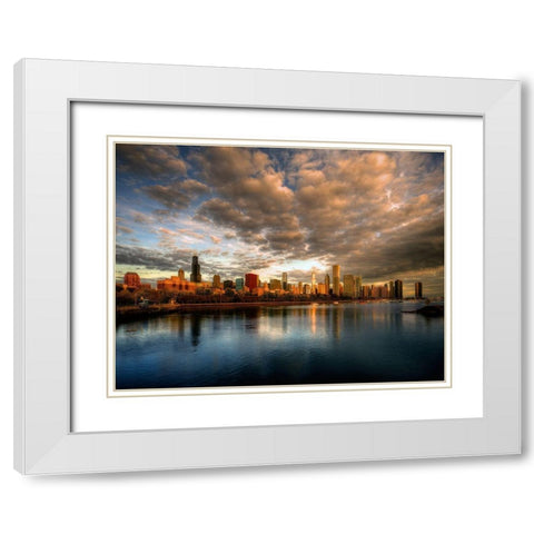 Chicago skyline shimmers at sunrise over lake Michigan White Modern Wood Framed Art Print with Double Matting by SMO