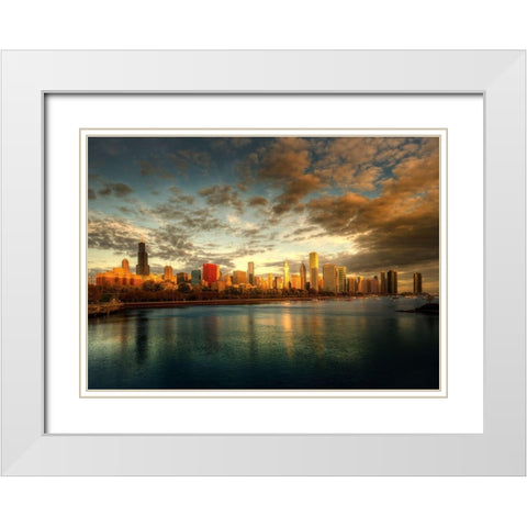 Chicago skyline over lake Michigan as sunrise enters a new day White Modern Wood Framed Art Print with Double Matting by SMO