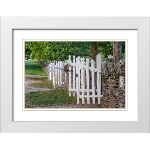 Gate and white wooden fence and rock wall-Shaker Village of Pleasant Hill-Harrodsburg-Kentucky White Modern Wood Framed Art Print with Double Matting by Jones, Adam