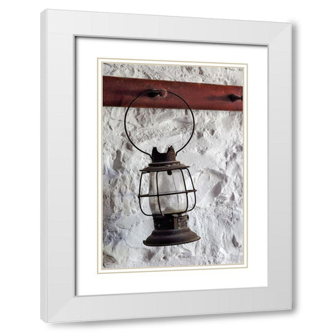 Antique lantern hanging on white wall-Shaker Village of Pleasant Hill-Harrodsburg-Kentucky White Modern Wood Framed Art Print with Double Matting by Jones, Adam