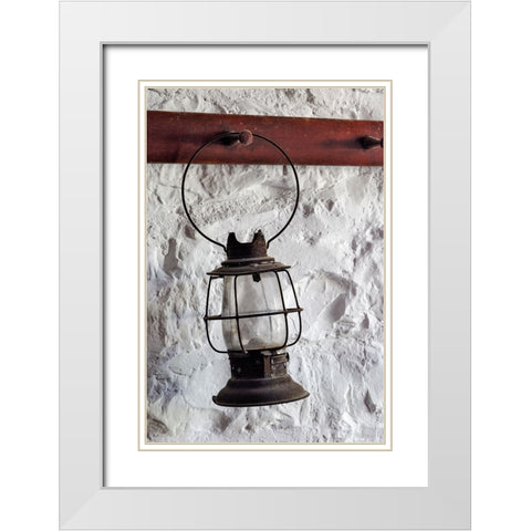 Antique lantern hanging on white wall-Shaker Village of Pleasant Hill-Harrodsburg-Kentucky White Modern Wood Framed Art Print with Double Matting by Jones, Adam