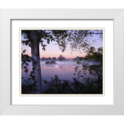 ME, Pittsfield Moonset with fog over Mill Pond White Modern Wood Framed Art Print with Double Matting by Terrill, Steve
