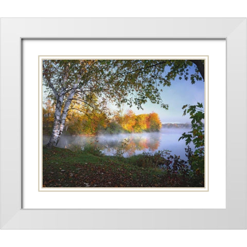 ME, Pittsfield Morning and fog over Douglas Pond White Modern Wood Framed Art Print with Double Matting by Terrill, Steve