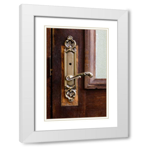 USA, Maine Ornate handle on wooden door White Modern Wood Framed Art Print with Double Matting by Clemons, Kathleen