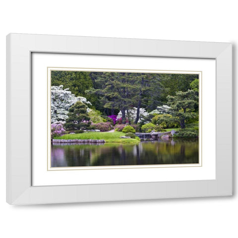 Maine, Northeast Harbor View over a garden pond White Modern Wood Framed Art Print with Double Matting by Rotenberg, Nancy