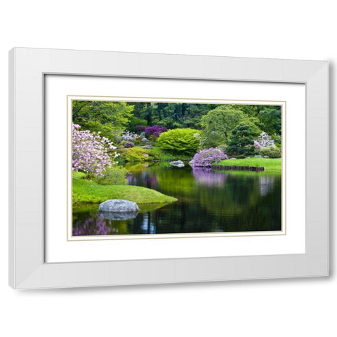 Maine, Northeast Harbor Green garden Scenic White Modern Wood Framed Art Print with Double Matting by Rotenberg, Nancy