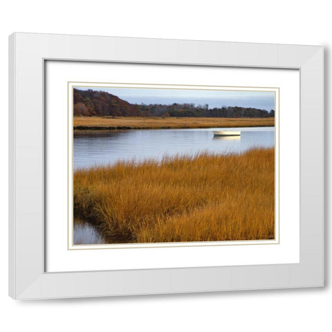 USA, Maine Boat anchored in Mousam River White Modern Wood Framed Art Print with Double Matting by Terrill, Steve
