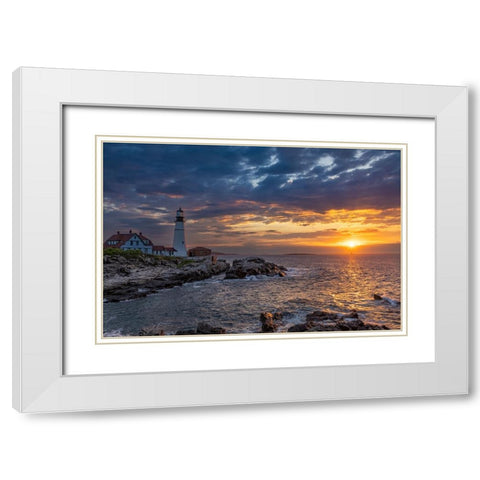 Sunrise at Portland Head Lighthouse in Portland-Maine-USA White Modern Wood Framed Art Print with Double Matting by Haney, Chuck