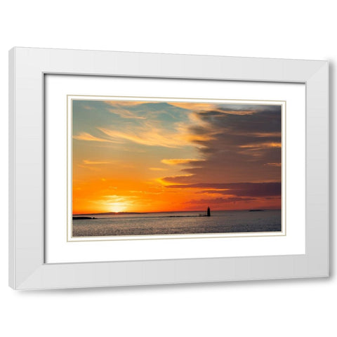 Spectacular sunrise clouds over Ram Island Ledge Lighthouse in Portland-Maine-USA White Modern Wood Framed Art Print with Double Matting by Haney, Chuck