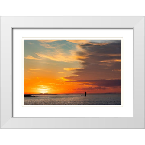 Spectacular sunrise clouds over Ram Island Ledge Lighthouse in Portland-Maine-USA White Modern Wood Framed Art Print with Double Matting by Haney, Chuck