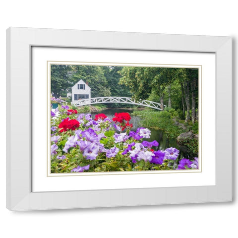 Maine Somesville bridge in Acadia National Park with petunias and geraniums in the foreground White Modern Wood Framed Art Print with Double Matting by Eggers, Julie