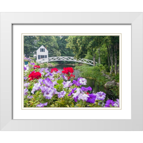 Maine Somesville bridge in Acadia National Park with petunias and geraniums in the foreground White Modern Wood Framed Art Print with Double Matting by Eggers, Julie