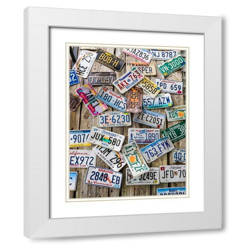Maine License plates on Old Wall in Bar Harbor White Modern Wood Framed Art Print with Double Matting by Eggers, Julie