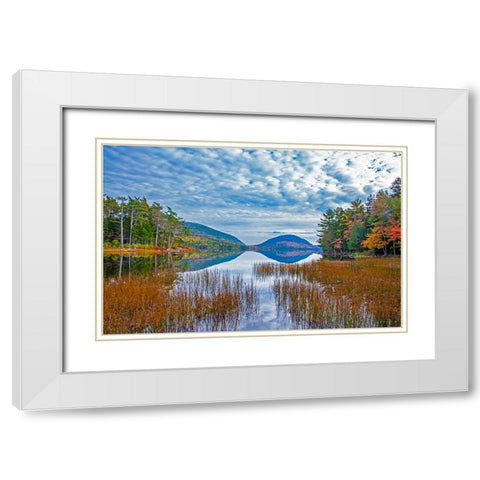 USA-New England-Maine-Acadia National Park and Jordon Pond on very calm Autumn day White Modern Wood Framed Art Print with Double Matting by Gulin, Sylvia