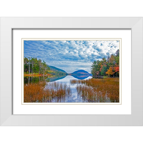 USA-New England-Maine-Acadia National Park and Jordon Pond on very calm Autumn day White Modern Wood Framed Art Print with Double Matting by Gulin, Sylvia