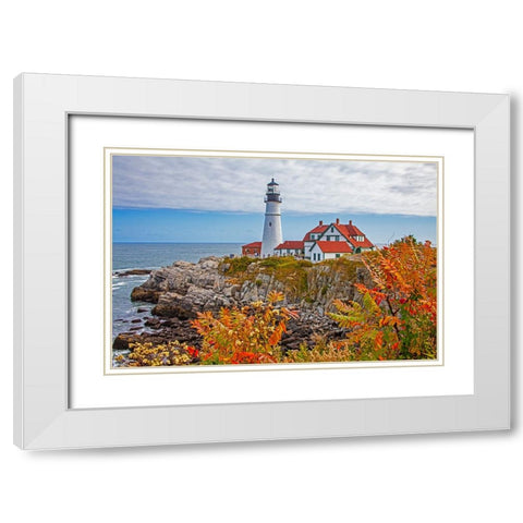 USA-New England-Maine-Cape Elizabeth-Atlantic Portland Head Lighthouse during the Fall season White Modern Wood Framed Art Print with Double Matting by Gulin, Sylvia