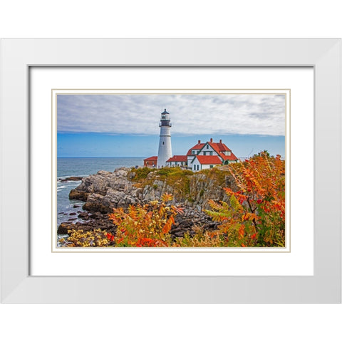 USA-New England-Maine-Cape Elizabeth-Atlantic Portland Head Lighthouse during the Fall season White Modern Wood Framed Art Print with Double Matting by Gulin, Sylvia