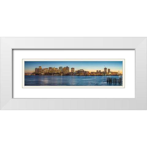 New England-Massachusetts-Boston-city skyline from Boston Harbor-dusk White Modern Wood Framed Art Print with Double Matting by Bibikow, Walter