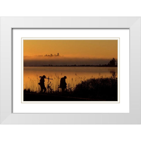 MI, People along Potagannissing Bay at sunrise White Modern Wood Framed Art Print with Double Matting by Carlson, Mark