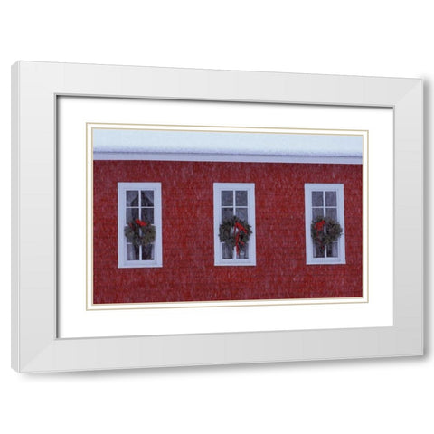 MI, Three Christmas wreathes in schoolhouse White Modern Wood Framed Art Print with Double Matting by Carlson, Mark