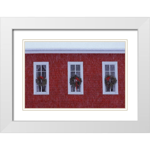 MI, Three Christmas wreathes in schoolhouse White Modern Wood Framed Art Print with Double Matting by Carlson, Mark
