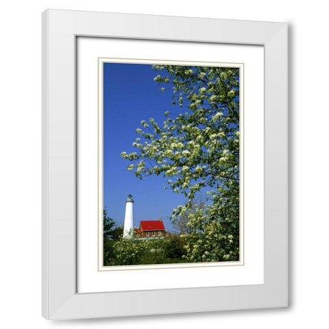 MI, East Tawas Tawas Lighthouse and cherry trees White Modern Wood Framed Art Print with Double Matting by Carlson, Mark