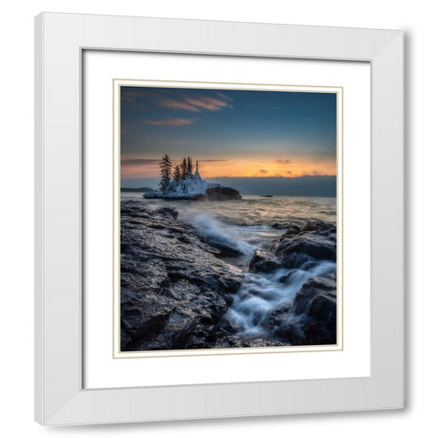 Minnesota-Lake Superior Lake waves and rocks at sunrise  White Modern Wood Framed Art Print with Double Matting by Jaynes Gallery