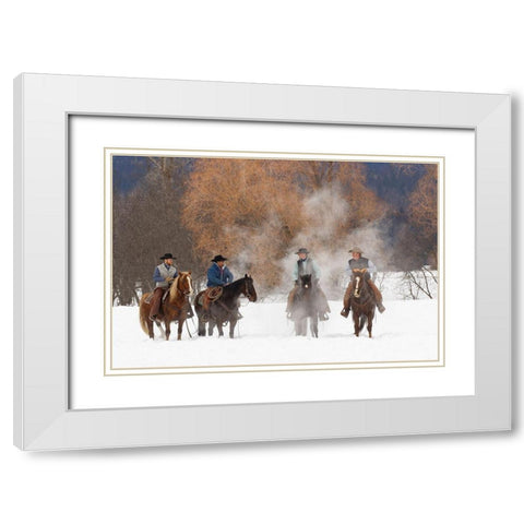 Cowboys during winter roundup-Kalispell-Montana White Modern Wood Framed Art Print with Double Matting by Jones, Adam