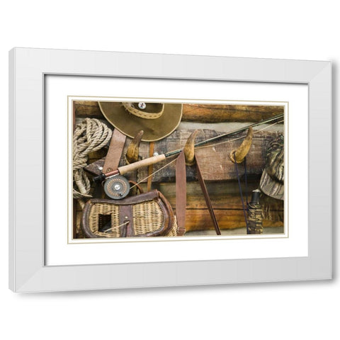 MT, Fishing ger and hat hang on horn pegs White Modern Wood Framed Art Print with Double Matting by Paulson, Don