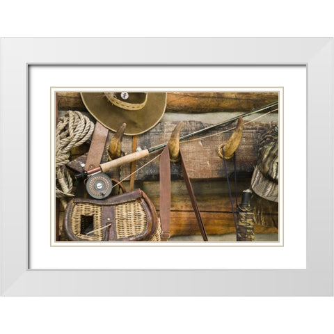 MT, Fishing ger and hat hang on horn pegs White Modern Wood Framed Art Print with Double Matting by Paulson, Don