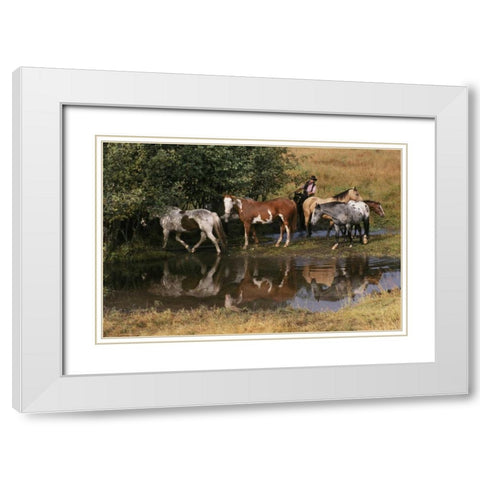 USA, Montana Horses tended by cowgirl White Modern Wood Framed Art Print with Double Matting by Bush, Marie